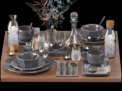 Modern Elegant Dinnerware Set With Gray Ceramic Plates Glassware And Cutlery 3d model