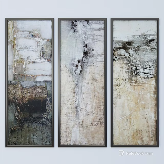 Framed Abstract Art Three Vertical Textured Paintings In Neutral Tones For Modern Wall Decor 3d model 