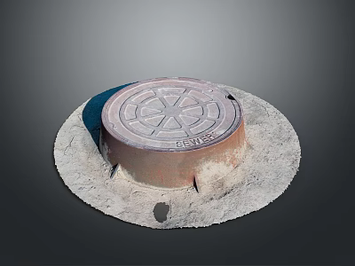 Circular Cast Iron Manhole Cover With Decorative Pattern On Concrete Base 3d model