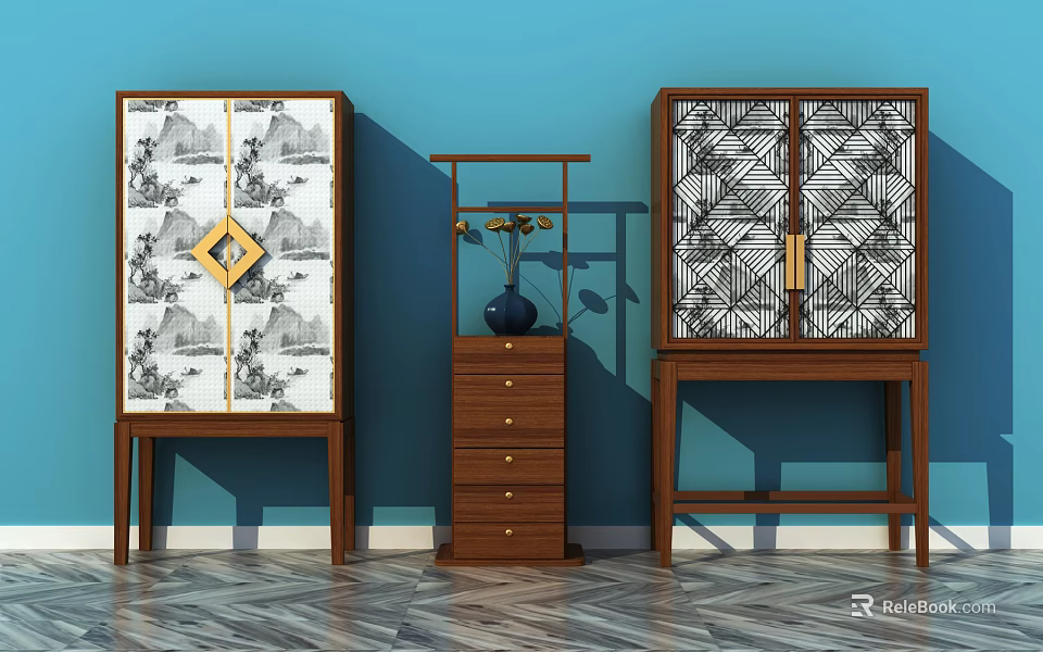 Chinese Style Wooden Console And Side Cabinets With Decorative Patterns Vase On Blue Wall Background 3d model 