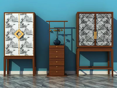Chinese Style Wooden Console And Side Cabinets With Decorative Patterns Vase On Blue Wall Background 3d model