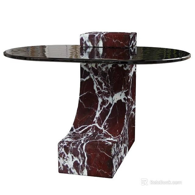 Round Coffee Table With Smooth Black Top And Red White Marble Base Design 3d model