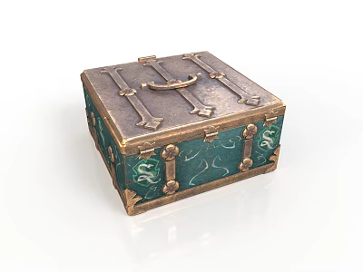 Vintage Square Decorative Box with Copper Accents and Green Floral Patterns for Daily Use 3d model