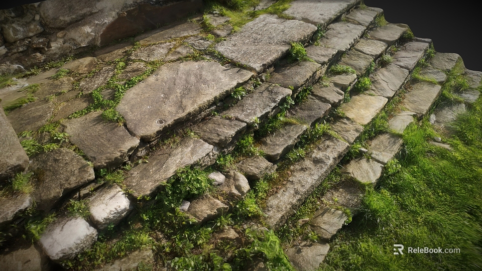 Natural Stone and Wood Steps with Moss and Grass in Rustic Outdoor Design 3d model 