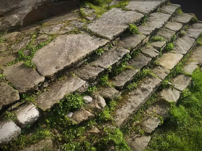 Natural Stone and Wood Steps with Moss and Grass in Rustic Outdoor Design 3d model