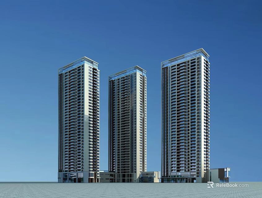 Three Modern High Rise Residential Buildings Exterior With Blue Sky 3d model 
