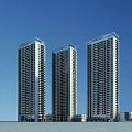 Three Modern High Rise Residential Buildings Exterior With Blue Sky