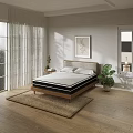 Double Bed with Wooden Headboard in Bright Room Natural Light Potted Plant and Wall Art