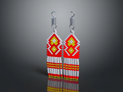 Handmade Beaded Earrings With Red Yellow White Geometric Pattern Fringed Design And Silver Hooks 3d model