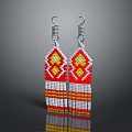 Handmade Beaded Earrings With Red Yellow White Geometric Pattern Fringed Design And Silver Hooks