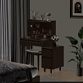Wooden Dressing Table With Mirror Cabinet Stool Flower Vase And Lamp In Bedroom