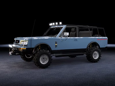 Light Blue Off Road SUV With Large Tires Roof Lights And Rugged Exterior 3d model