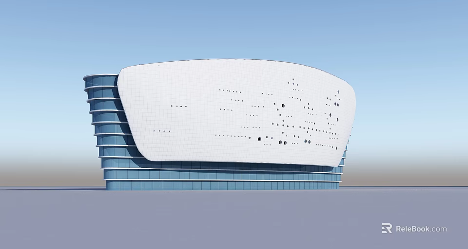Sleek Modern Building With Curved White Roof And Blue Layered Structure 3d model 