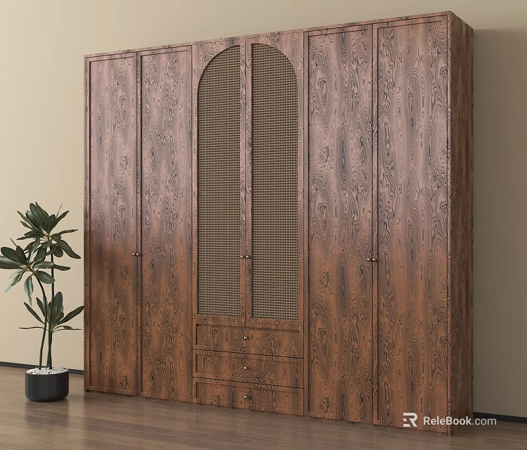Wooden Wardrobe With Multiple Doors Arched Louvered Design Bottom Drawers And Potted Plant 3d model 