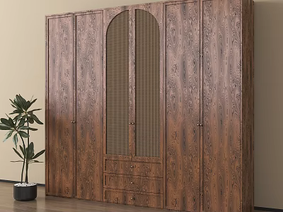 Wooden Wardrobe With Multiple Doors Arched Louvered Design Bottom Drawers And Potted Plant 3d model