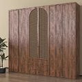Wooden Wardrobe With Multiple Doors Arched Louvered Design Bottom Drawers And Potted Plant