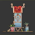 Cartoon Scene Small House With Red Roof Blue Walls Wooden Staircase And Potted Plants