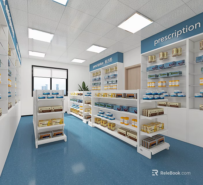Pharmacy Store Interior With Prescription Area Shelves Medicines Blue Floor White Shelves And Windows 3d model 
