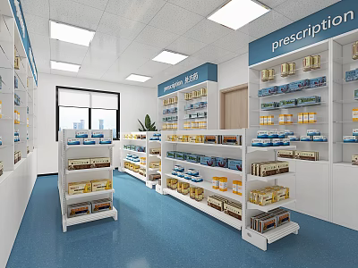 Pharmacy Store Interior With Prescription Area Shelves Medicines Blue Floor White Shelves And Windows 3d model