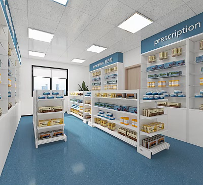 Pharmacy Store Interior With Prescription Area Shelves Medicines Blue Floor White Shelves And Windows 3d model