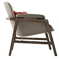 Modern Light Gray Leather Accent Chair With Red Checkered Pillow And Wooden Frame