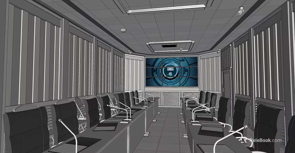 Conference Room With Tables Chairs Large Screen Blue Circular Design Blinds And Ceiling Lights 3d model 