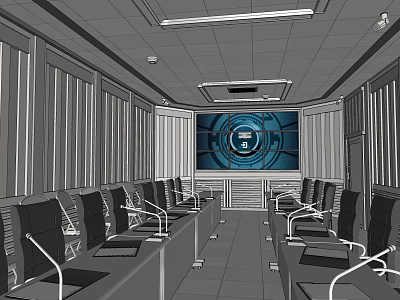 Conference Room With Tables Chairs Large Screen Blue Circular Design Blinds And Ceiling Lights 3d model