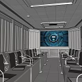 Conference Room With Tables Chairs Large Screen Blue Circular Design Blinds And Ceiling Lights