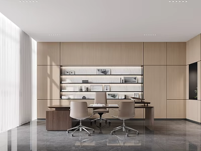 Modern Office Interior Design With Wooden Walls Desk Chairs And Shelves 3d model