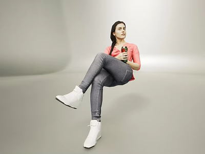 Woman In Pink Top And Gray Pants Sitting With Bottle And White Shoes 3d model