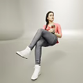 Woman In Pink Top And Gray Pants Sitting With Bottle And White Shoes