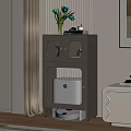 Modern Storage Cabinet with Glass Doors and Gold Handles Holding Vase with Flowers and White Appliance