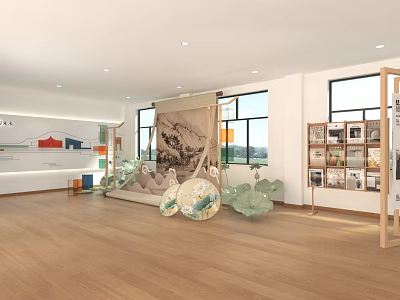 Spacious Exhibition Hall Interior With Wooden Flooring Large Windows And Display Shelves 3d model
