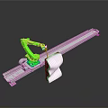 Game and Movie Character Green Robotic Arm Moving on White Track with Mechanical Parts