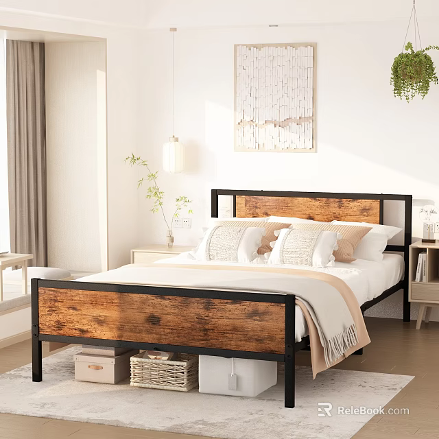 Warm Bedroom Interior With Wooden Headboard Metal Bed Pillows Throw Blanket And Wall Art 3d model 