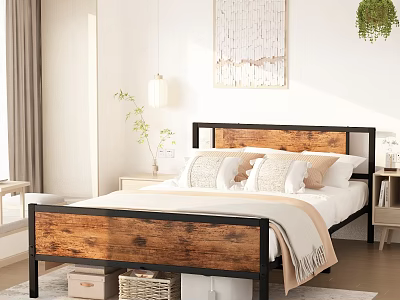 Warm Bedroom Interior With Wooden Headboard Metal Bed Pillows Throw Blanket And Wall Art 3d model