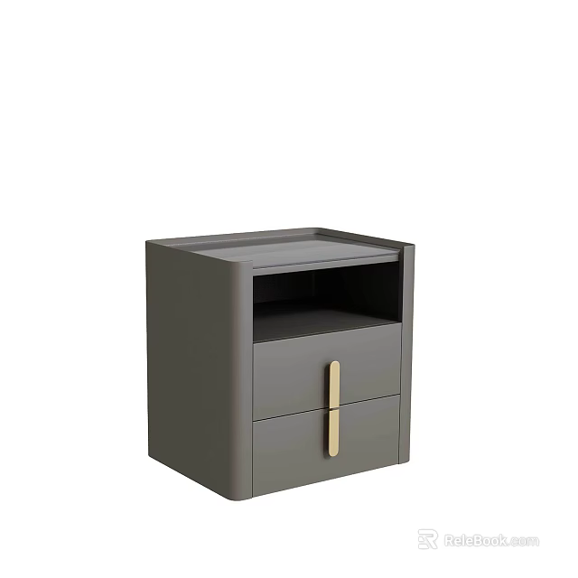 Modern Grey Bedside Table With Two Drawers And Gold Handles 3d model