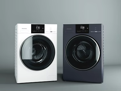 Modern Front Loading Washing Machines in White and Dark Blue with Digital Control Panels 3d model