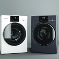 Modern Front Loading Washing Machines in White and Dark Blue with Digital Control Panels