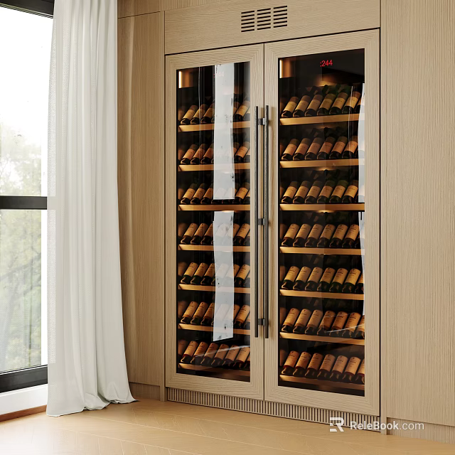 Modern Wooden Wine Cabinet With Double Glass Doors And Multiple Wine Bottle Racks 3d model 