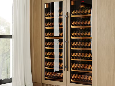Modern Wooden Wine Cabinet With Double Glass Doors And Multiple Wine Bottle Racks 3d model
