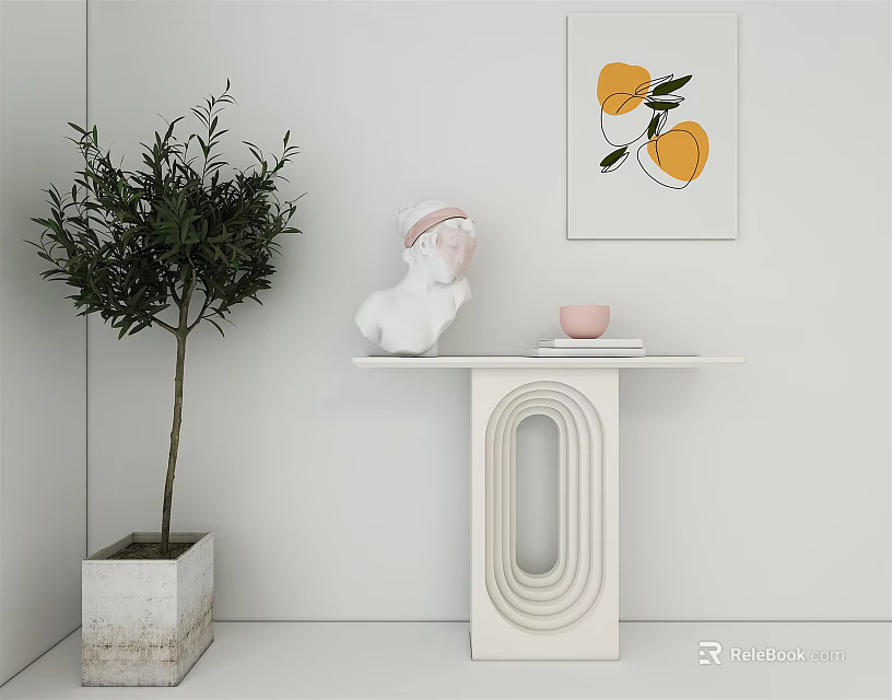Modern Console Table Decor With Olive Tree White Sculpture And Orange Fruit Wall Art 3d model 