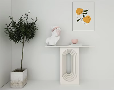Modern Console Table Decor With Olive Tree White Sculpture And Orange Fruit Wall Art 3d model