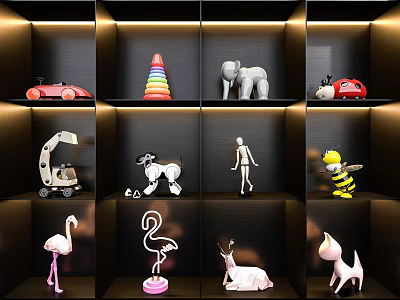Variety of Assorted Dolls Displayed on Black Shelves Including Flamingo Elephant and Car 3d model