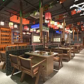 Korean Buffet Restaurant Interior With Colorful Lanterns Wooden Counter And Dining Tables