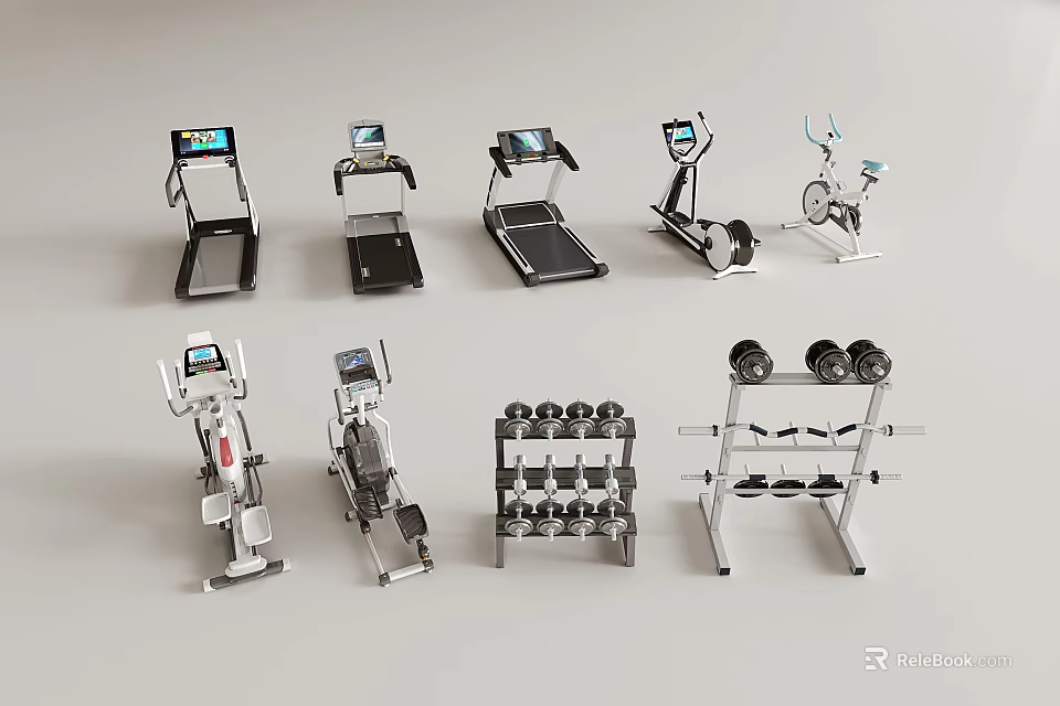 Public Fitness Facilities With Treadmills Elliptical Machines Stationary Bikes Dumbbell Racks And Barbell Sets 3d model 