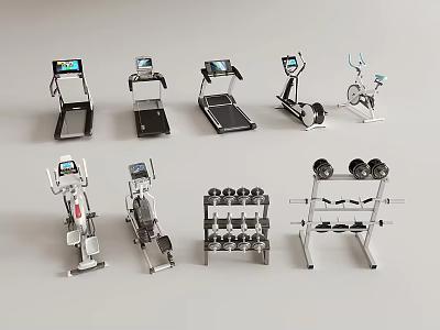 Public Fitness Facilities With Treadmills Elliptical Machines Stationary Bikes Dumbbell Racks And Barbell Sets 3d model