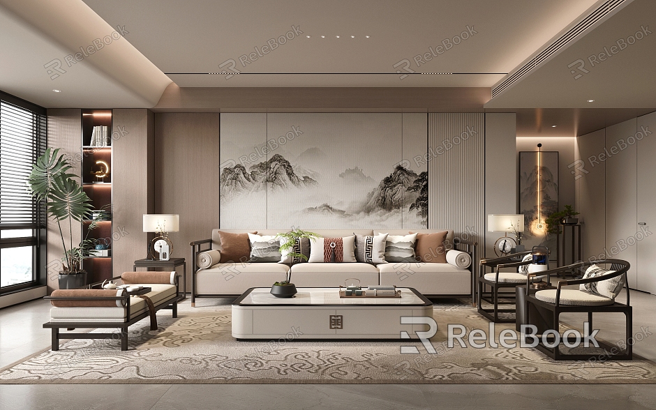 New Chinese Style Living Room Sofa Coffee Table Combination Hanging Painting Jewelry Decoration Coffee Table Side Table Sofa Background Wall Floor Lamp Table Lamp model