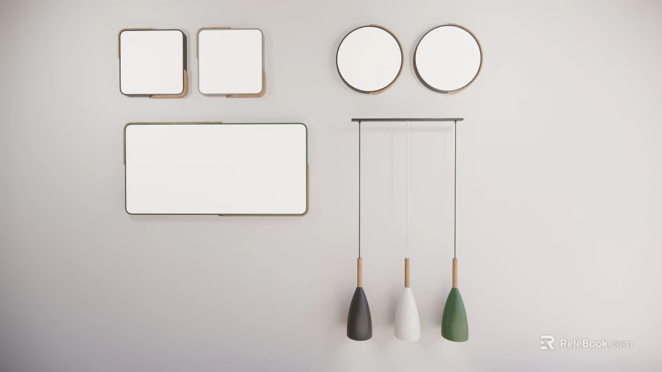 Modern Pendant Light Set With Wooden Bases Black White Green Pendants And Square Round Mirrors 3d model 