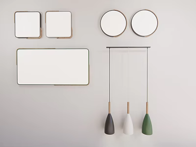 Modern Pendant Light Set With Wooden Bases Black White Green Pendants And Square Round Mirrors 3d model